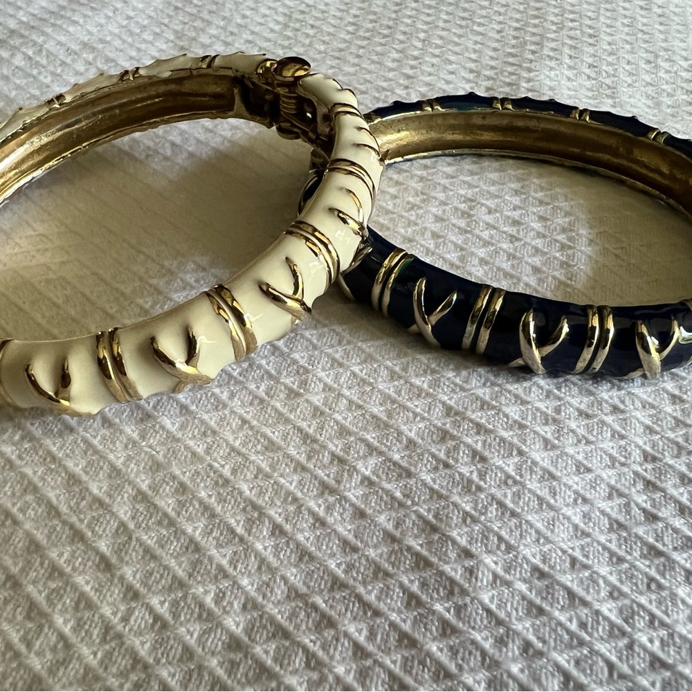 Vintage Navy Blue and White Enamel Gold Toned Hinge Bracelets